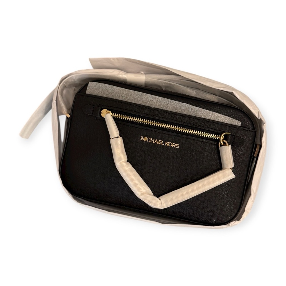 Michael Kors Jet Set Large Saffiano Leather Crossbody | Black/Gold | New - Picture 5 of 8